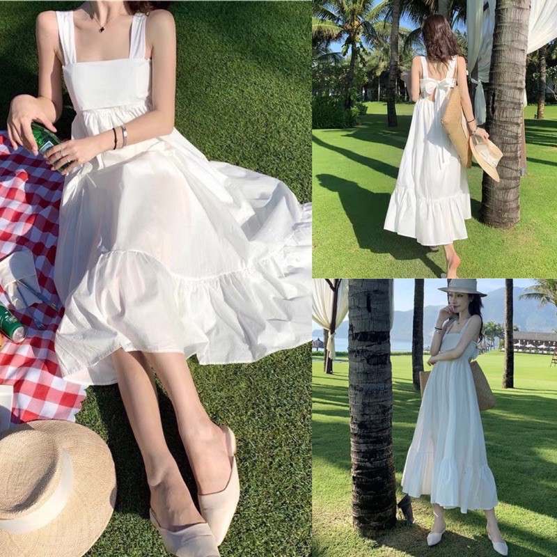 Đầm maxi trắng xoè nơ sau lưng, Đầm maxi đi du lịch biển
