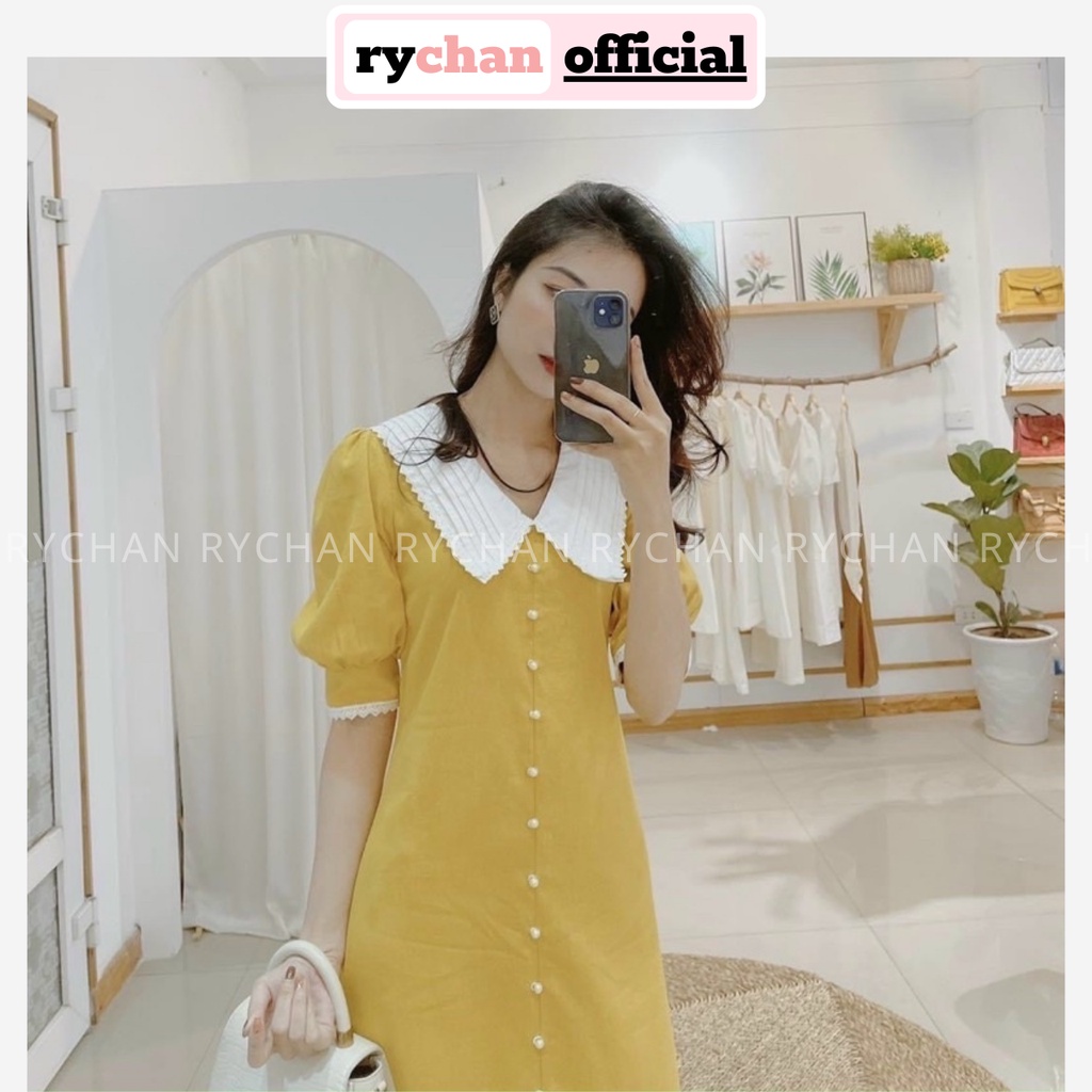 Đầm Nữ Dự Tiệc Dáng Dài Cổ Trắng Tay Phồng Phối Viền Trắng Viền Ren Cực Tiểu Thư Màu Vàng [ẢNH THẬT CUỐI] - DX9808