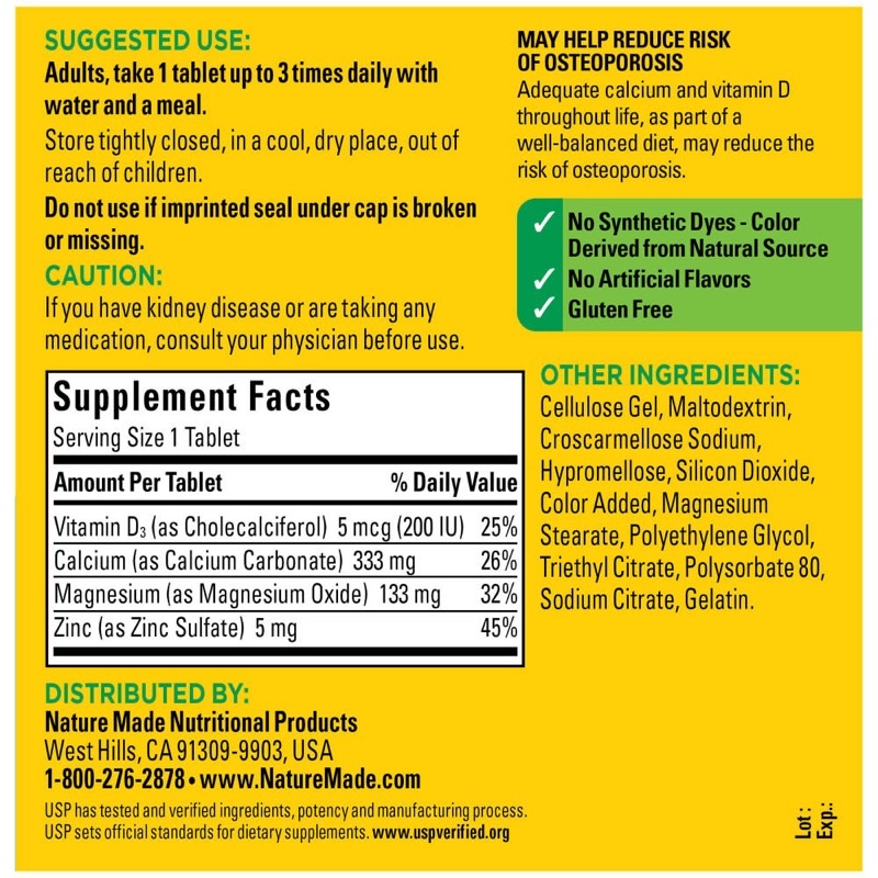 🏃🏻‍♂️🏃🏻‍♀️ Viên uống Nature Made Calcium Magnesium ZinC D3 300 viên của Mỹ - Giúp xương chắc khỏe