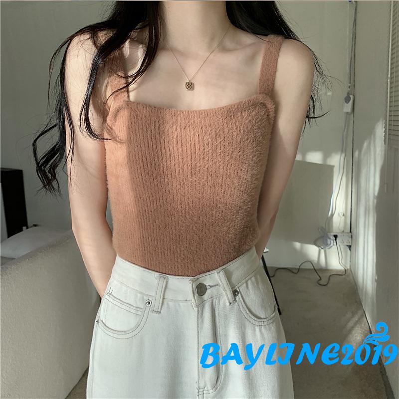 Áo Croptop Hai Dây Dệt Kim Mềm Màu Trơn Trẻ Trung Cho Nữ