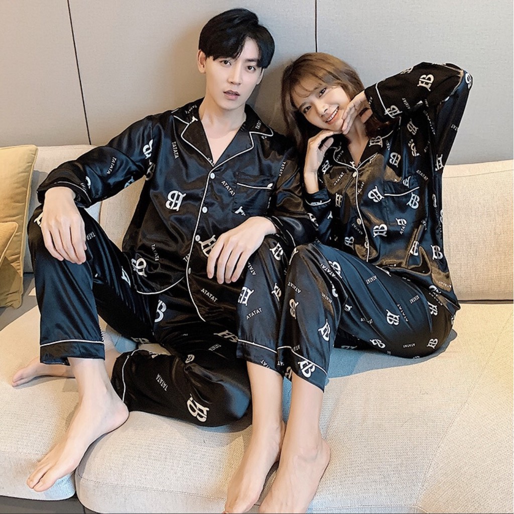 Bộ đồ ngủ pijama dài tay cổ V họa tiết giản dị cho cặp đôi