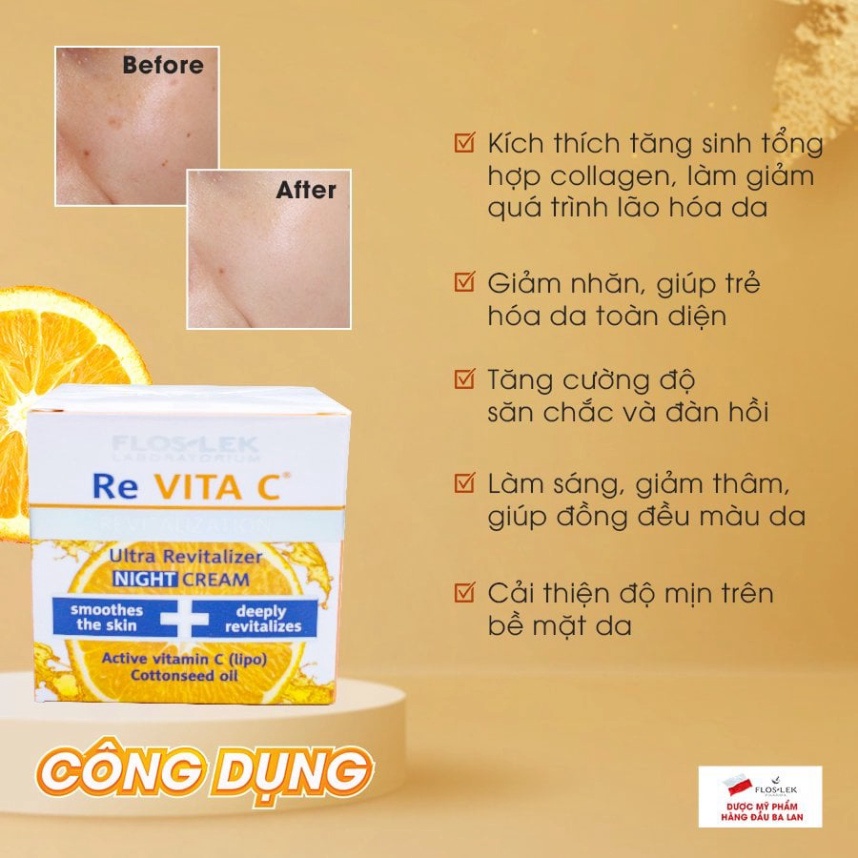 Kem dưỡng da ban đêm Revita C Floslek hỗ trợ sáng da, giảm thâm, trẻ hóa làn da toàn diện hũ 50ml