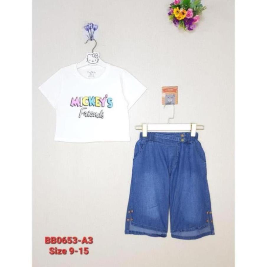 BB0653-A3 - Bộ bé gái cotton quần jean xẻ lai , in Mickeys , màu trắng  , size nhỡ 9t-15t