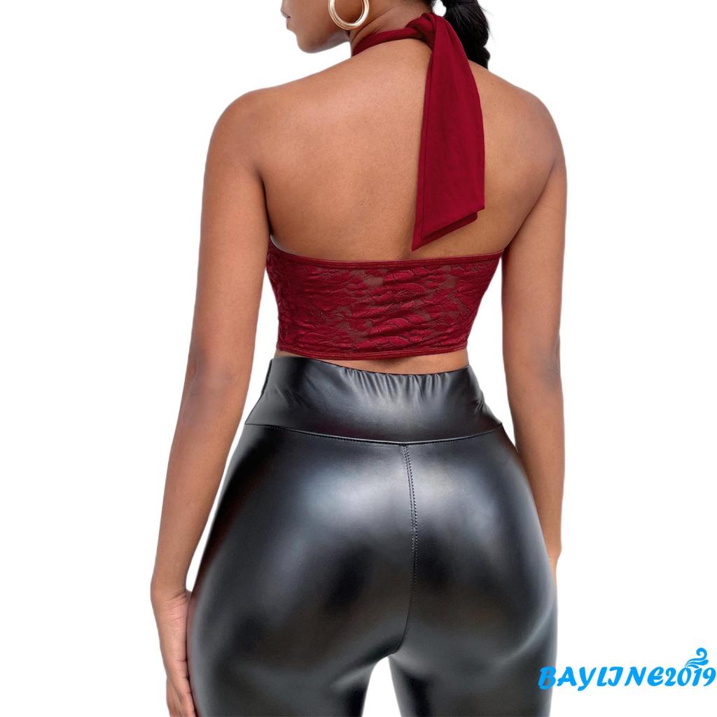 BAY-Female Camisole, Lace Floral Halter Neck Strappy Vest Sleeveless Crop Tops for Summer, Black, S/M/L