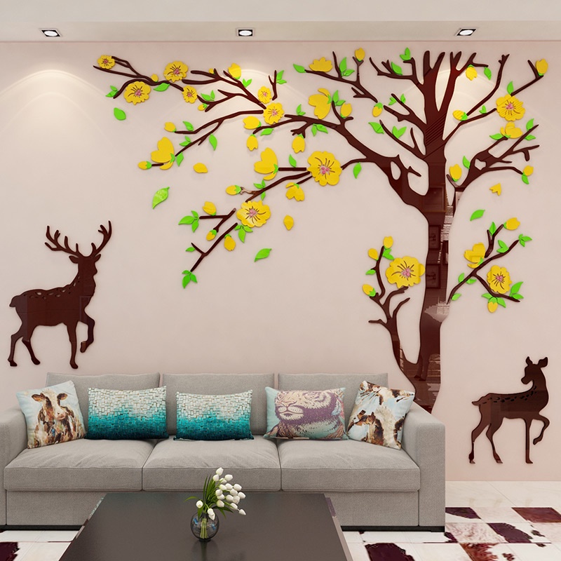 Tranh dán tường mica 3d decor khổ lớn - cây đào hồng, tranh trang trí phòng khách, phòng ngủ Nhiều Size - EPeBen