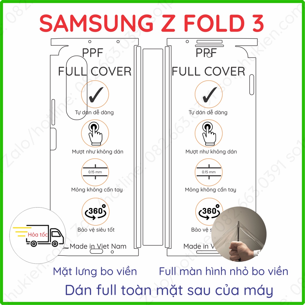 Dán PPF bóng, nhám cho Samsung Galaxy Z Fold 3 (ZFlod 3) màn hình, mặt lưng, full viền, bản lề