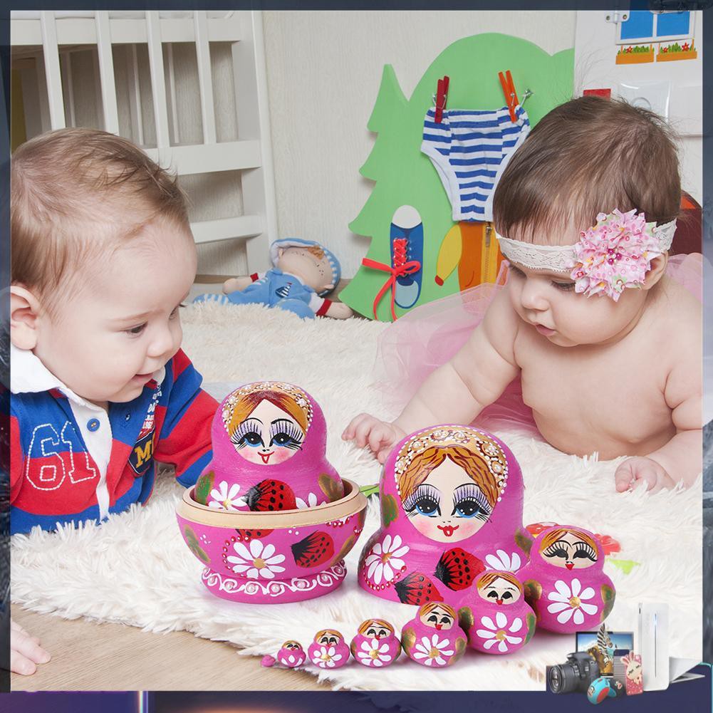 Set 10 búp bê Nga bằng gỗ sáng tạo họa tiết xinh xắn nhiều kích cỡ
