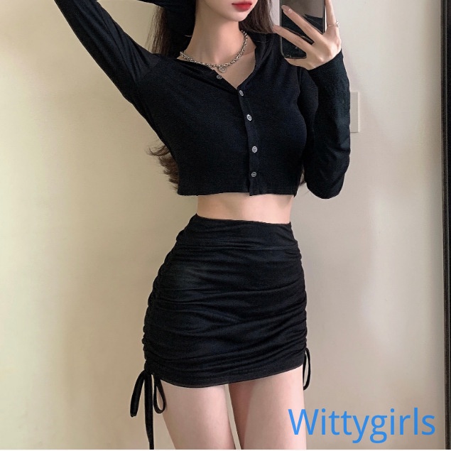 Chân Váy Lưng Cao Màu Trơn Phối Dây Rút Thời Trang Cho Nữ
