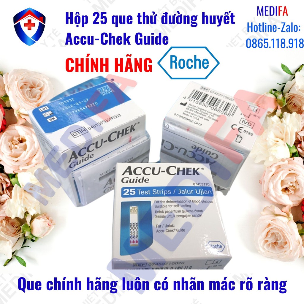 [Chính hãngSX tại Mỹ] Hộp 25 Que thử đường huyết Accu-Chek Guide, date xa, NK chính ngạch, tem niêm phong, tem phụ TV