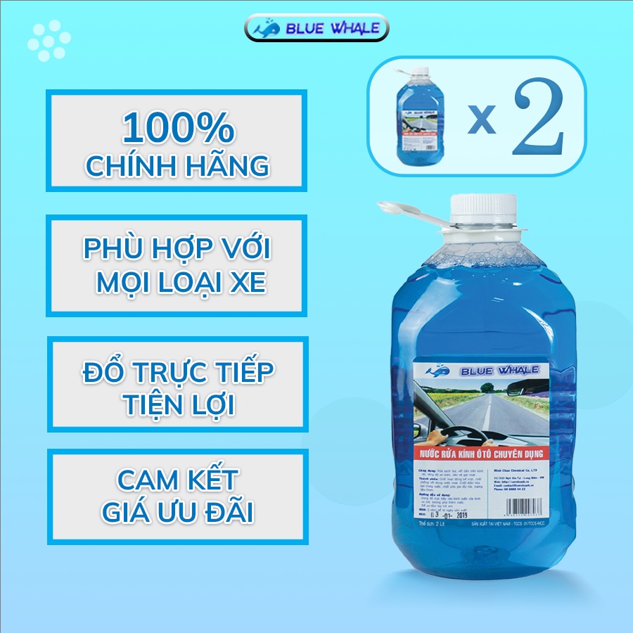Combo 2 chai nước rửa kính ô tô BlueWhale 2.0 Lít, đổ trực tiếp phù hợp với mọi loại xe hơi, dễ dàng thay tại nhà