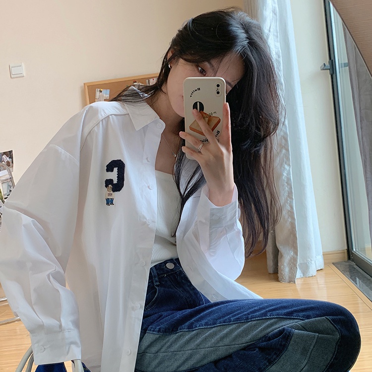 Áo Sơ Mi Nữ Dài Tay Dáng Rộng In Chữ Thời Trang Hàn Quốc Mới