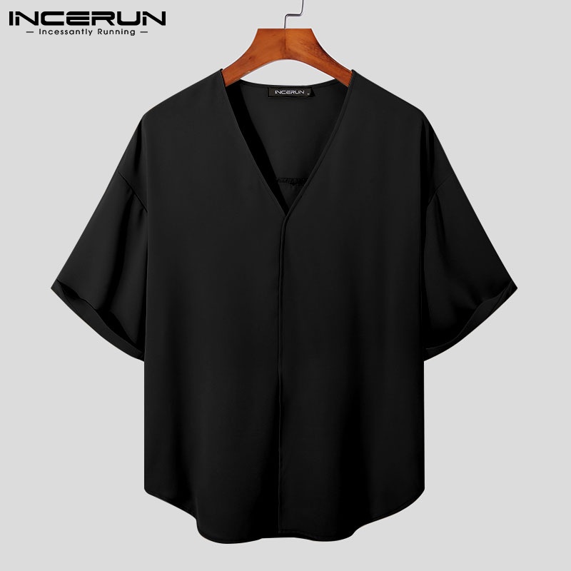 Áo thun INCERUN tay ngắn cổ chữ V màu trơn size S-5XL thời trang cho nam