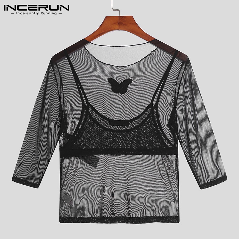 Set áo croptop tay dài xuyên thấu + áo không tay hai dây họa tiết bướm INCERUN thời trang cho nam