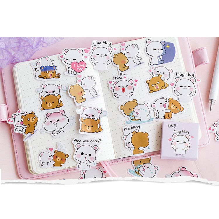 Hộp 45 miếng sticker mẫu gấu trắng hug hug