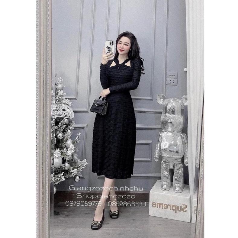 Váy nhăn sóng chéo cổ 2 lớp
