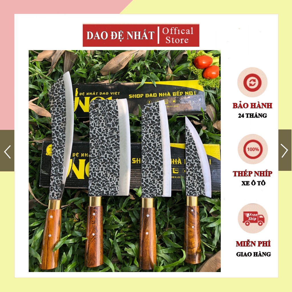 Dao bếp, bộ 4 dao nhà bếp cao cấp được rèn thủ công từ nhíp xe ô tô cán gỗ chuyên dùng chặt xương thái rau củ quả