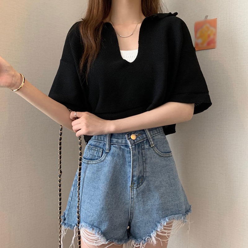Áo Thun Crop Top Dệt Kim Cổ Chữ V Tay Ngắn Dáng Rộng Màu Trơn Quyến Rũ Cho Nữ