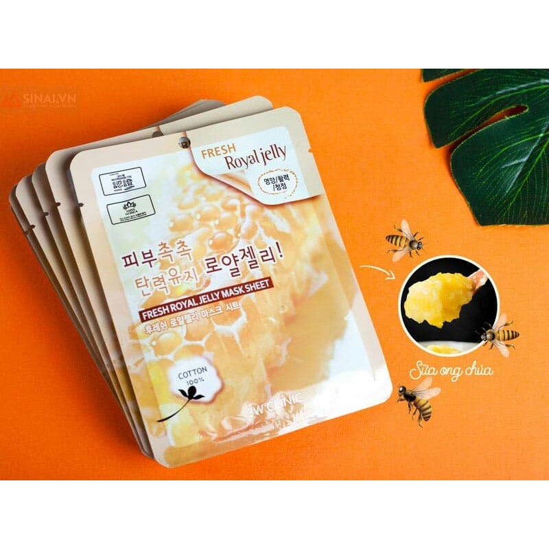 Hàng Chính Hãng gói mặt nạ chiết xuất sữa ong chúa 3W Clinic Fresh Royal Jelly Mask Sheet 23ml