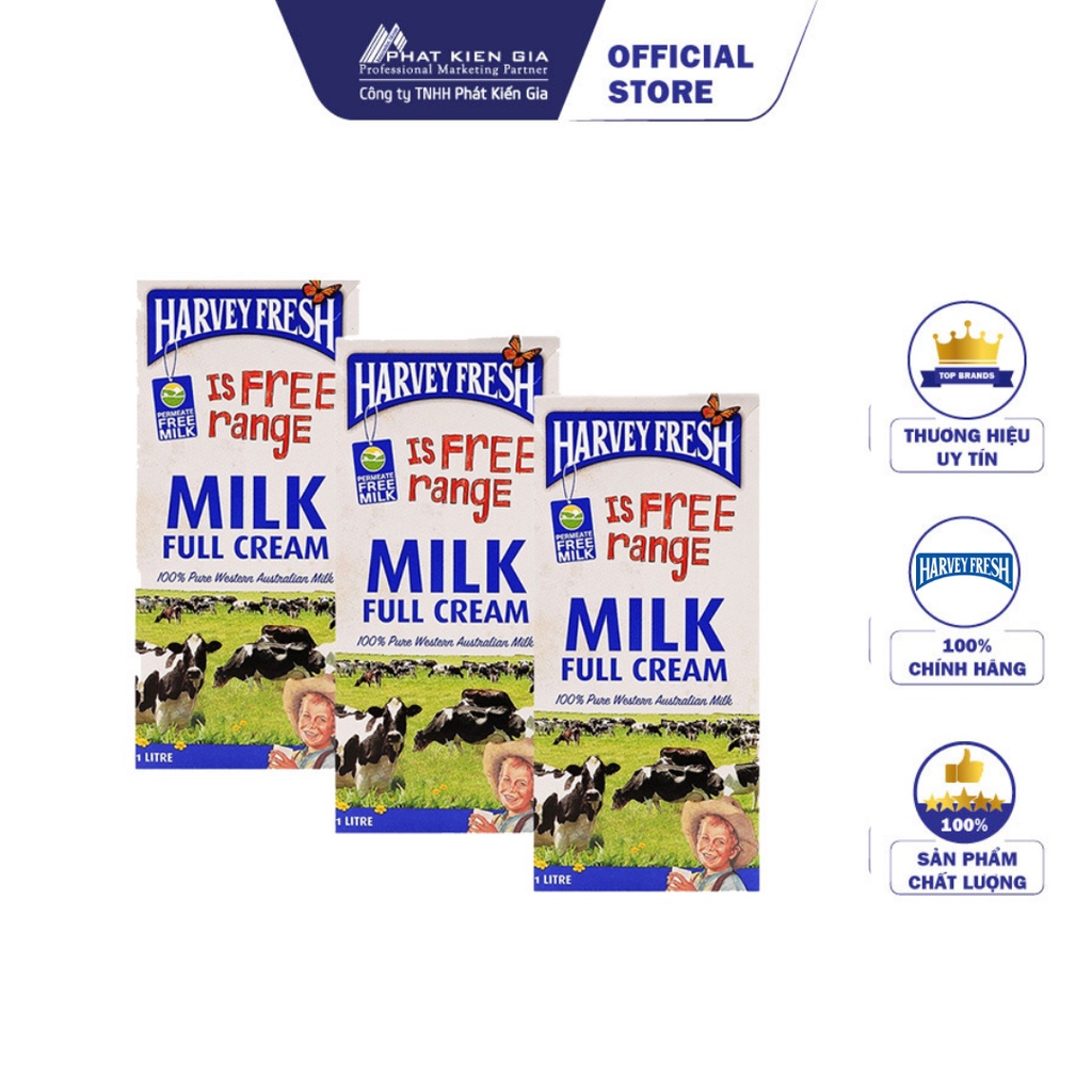 COMBO 3 Hộp Sữa Tươi Tiệt Trùng Nguyên Kem Harvey Fresh 1L (Úc) - Date: 28/09/2023