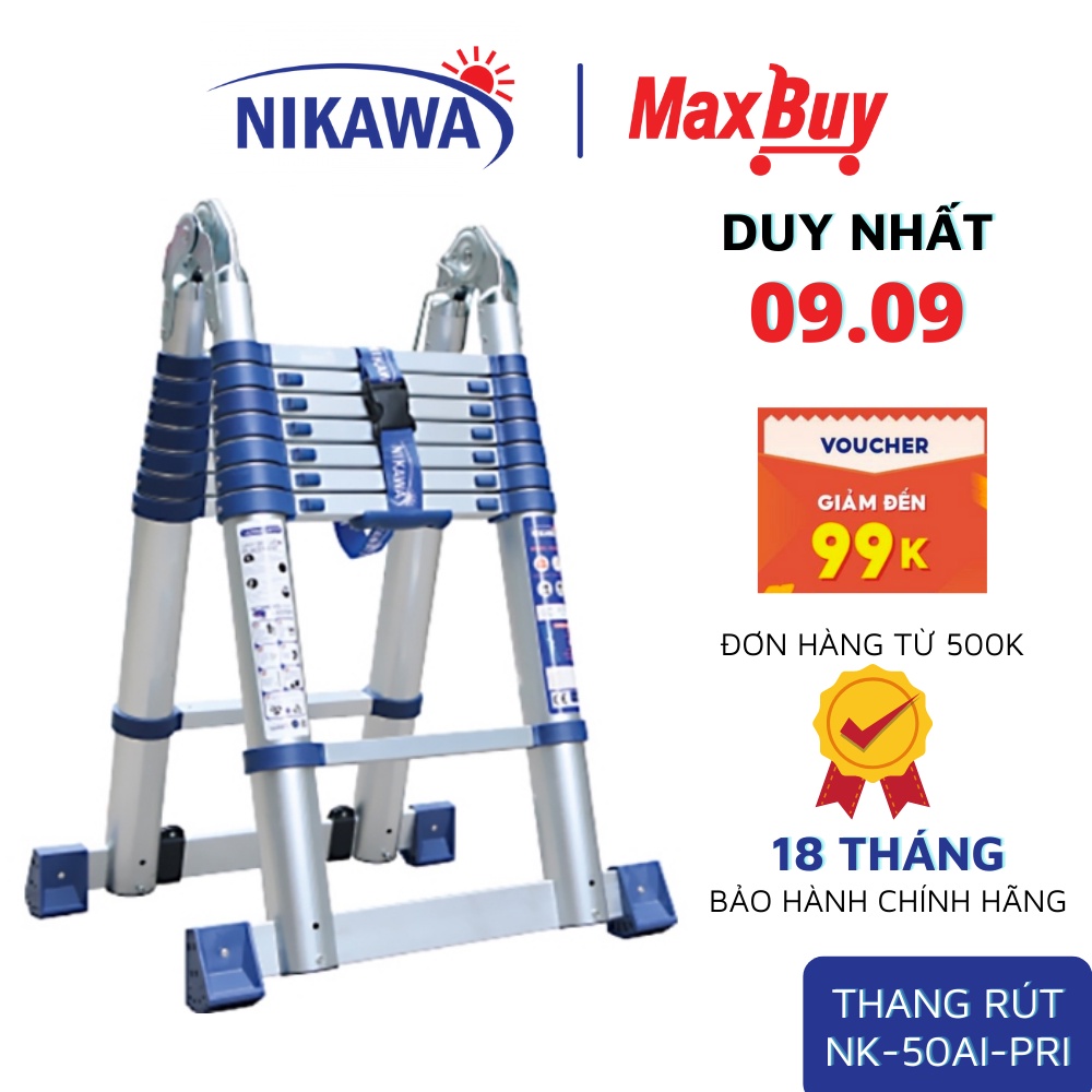 Thang nhôm, thang rút đôi, thang chữ A Nikawa NK-50AI-Pri, 8 bậc, thương hiệu Nhật, bảo hành chính hãng