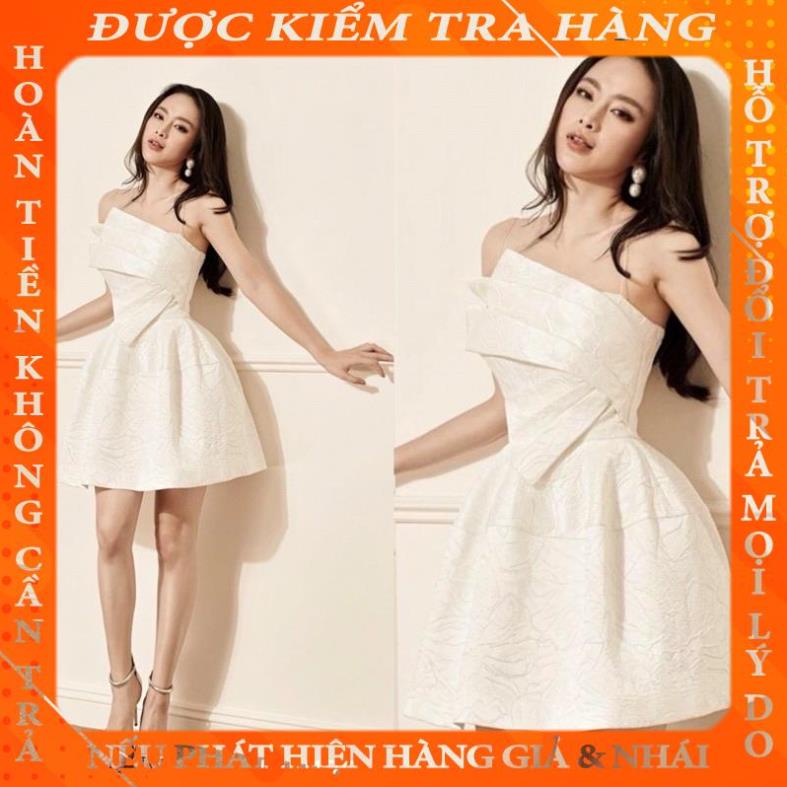 Đầm trắng gấm hai dây dáng xoè đắp nơ ngực dự tiệc đi chơi sang trọng MN126 Mina qphat