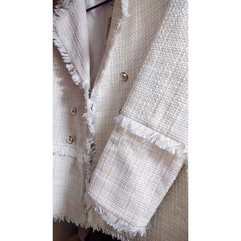 Áo khoác dạ tweed trắng be cổ vest tua rua dáng lỡ