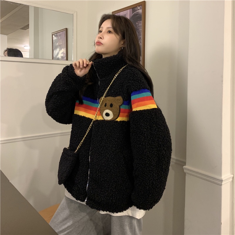 ZHELIHANGFEI Áo Khoác Lông Cừu Dáng Rộng Màu Cầu Vồng Phong Cách Preppy Dễ Phối Đồ