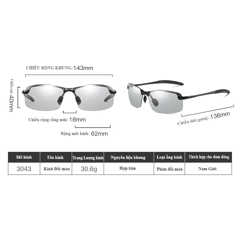 Kính mát nam MH05 cảm quang đổi màu nhẹ khi tiếp xúc ánh nắng trực tiếp kính râm lái xe đi nắng ngày và đêm gọng thép