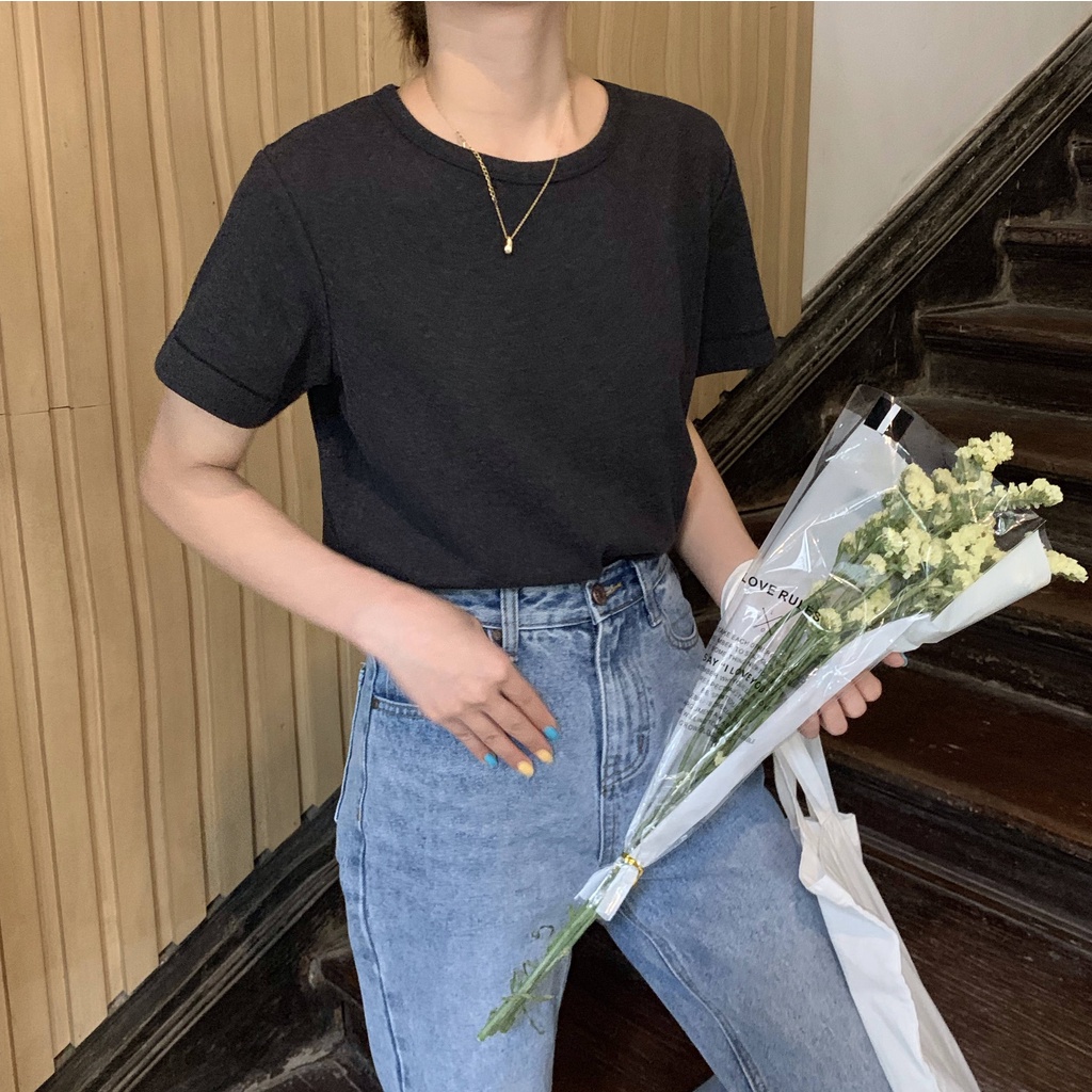 Áo Thun Ngắn Tay Cổ Tròn Màu Trơn Thời Trang Cho Nữ