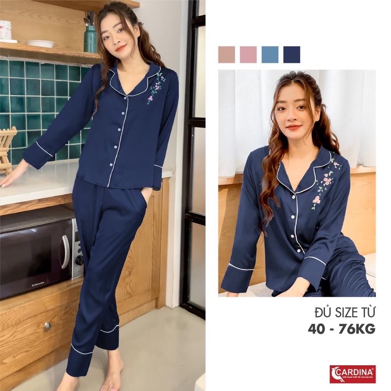 Bộ Pijama Nữ 𝐂𝐀𝐑𝐃𝐈𝐍𝐀 Áo Dài Tay, Quần Dài In Hoa Chất Lụa Satin Nhật Cao Cấp Đơn Giản, Nhẹ Nhàng 1Pi07