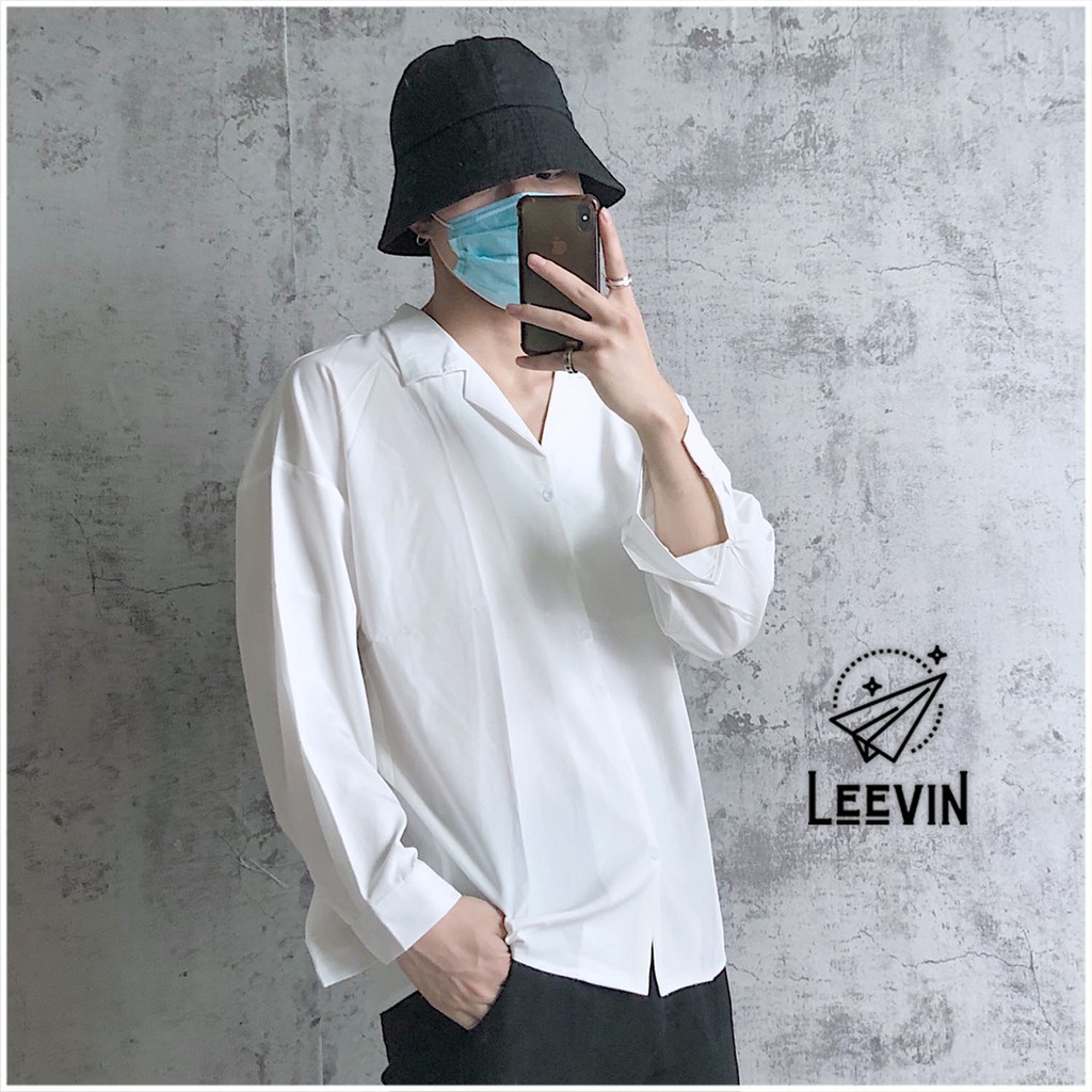 Áo sơ mi TRẮNG nam Dài Tay Cổ Vest Unisex nam nữ TRƠN vải cotton lụa mềm - Kiểu sơ mi nam dài tay Leevin Store giảm giá