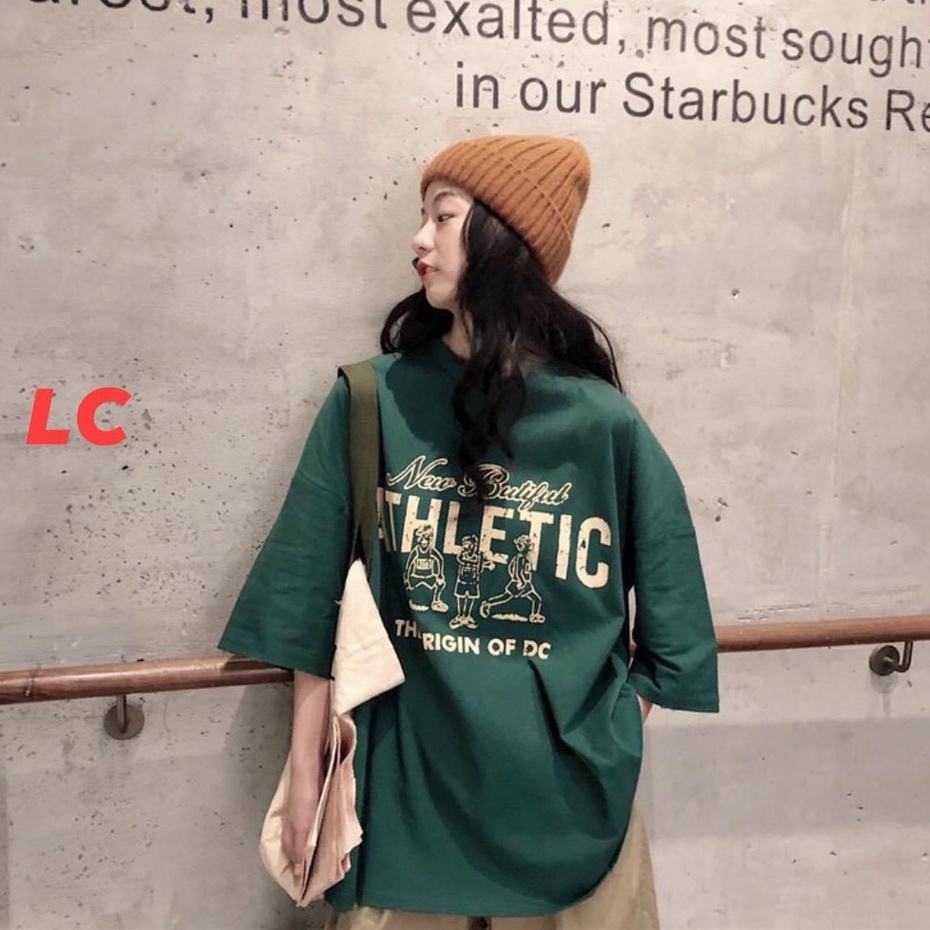 Áo phông unisex màu xanh rêu ATHLETIC form rộng họa tiết siêu đẹptee thun tay lỡ basic oversize màu độc ulzzang