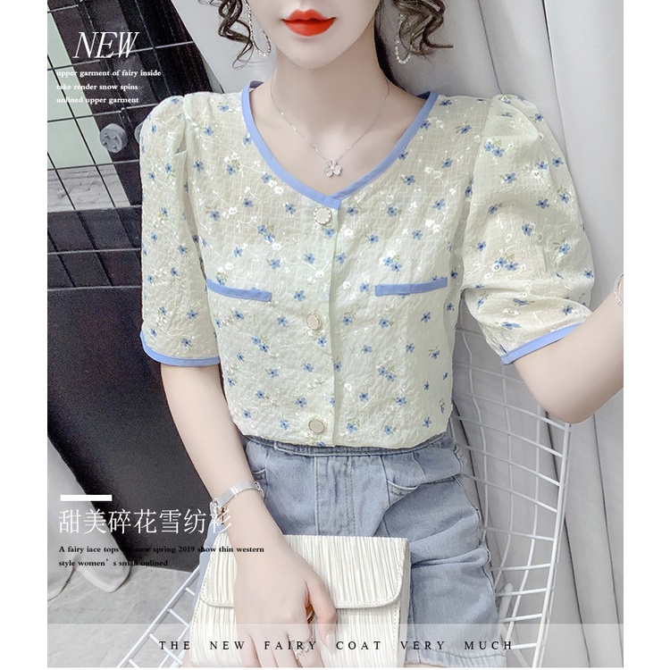 Áo Sơ Mi Hoa Tay Ngắn Phong Cách Mới Mùa Hè áo sơ mi voan hoa áo ren tay ngắn