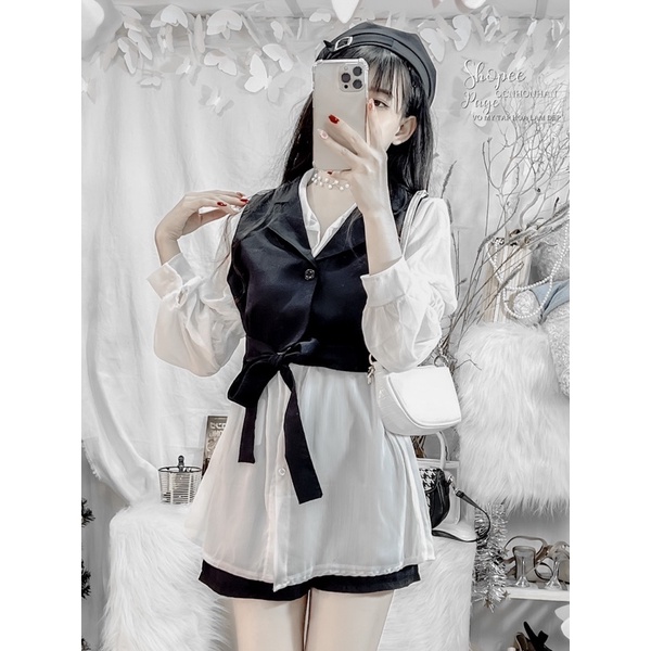 Set áo vest cột eo 3 món y hình