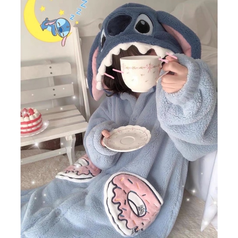 Bộ ngủ lông hình stitch đáng yêu, áo khoác lông cute mặc ở nhà siêu ấm áp