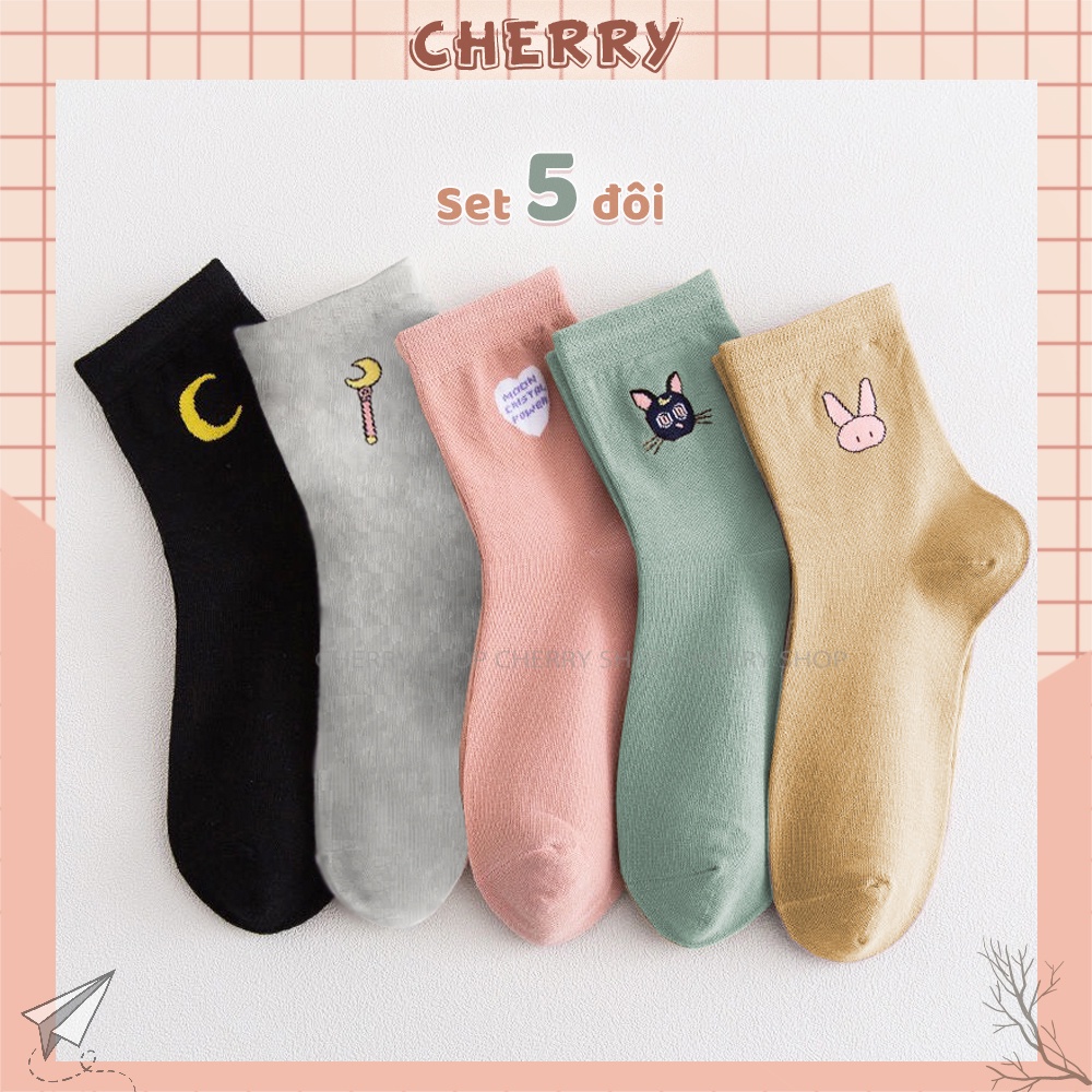 Tất vớ nữ nam cổ ngắn chất liệu cotton thoáng mát, sét tất vớ họa tiết phong cách Vintage- Cherry Shop