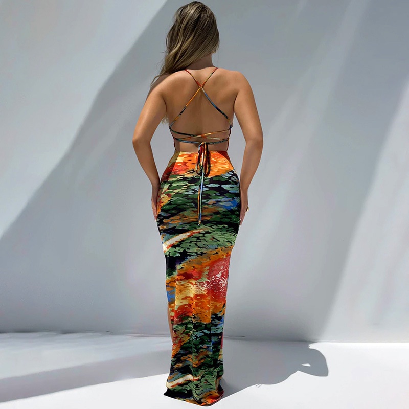 Đầm Cổ Yếm Cột Dây Hở Lưng In Họa Tiết Nhiều Màu Sắc Thời Trang Quyến Rũ Cho Nữ