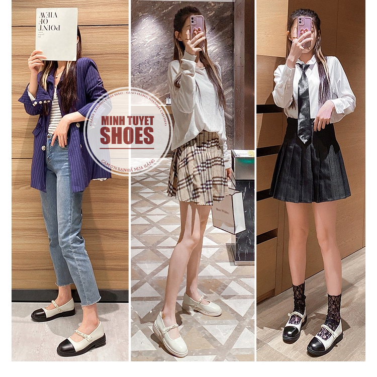 giày nữ minhtuyetshoes đế bằng cao 2cm phối màu đen trắng kem mẫu mới phong cách tiểu thư