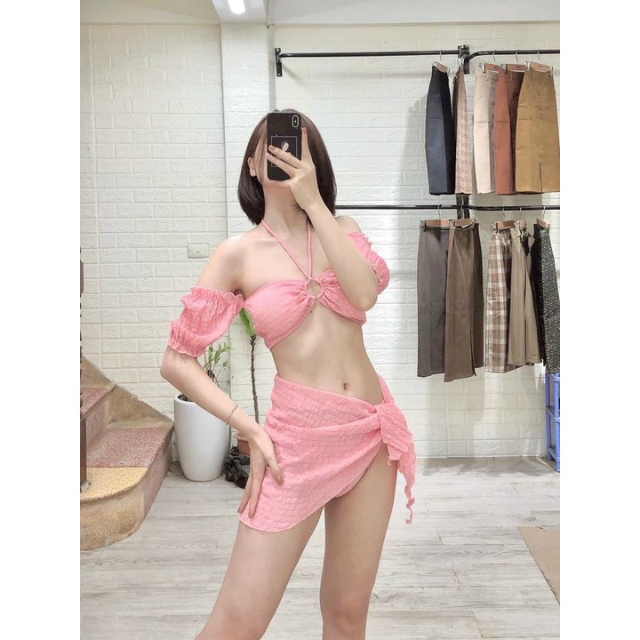 Set 3 món bikini , đồ bơi hai mảnh tay bồng trễ vai phối khoen áo kèm khăn quấn sexy BM-110