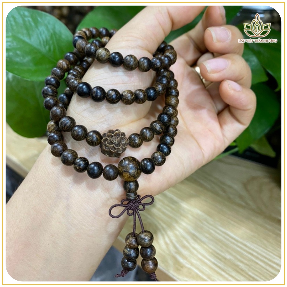 Vòng Tay Trầm Hương Dó Dây INDO 108 Hạt 6mm Kết Hợp Hoa Sen Trầm Sánh Chìm - Lac Việt Trầm Hương