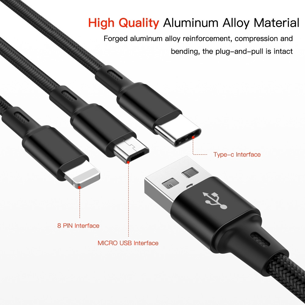 Dây cáp sạc 3 trong 1 có đầu Lightning / Micro USB/ Type C cho Iphone / Android