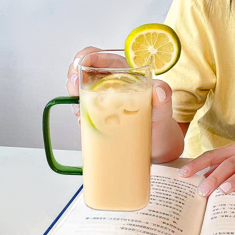 Cốc Thủy Tinh Vuông 400ml Có Nắp Và Ống Hút Trong Suốt An Toàn Đa Ứng Dụng Kính