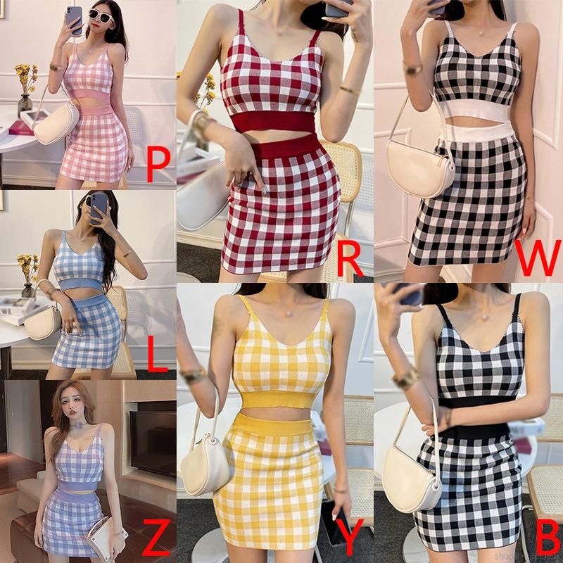Set áo hai dây cổ chữ V + chân váy họa tiết sọc ca rô sành điệu cho nữ