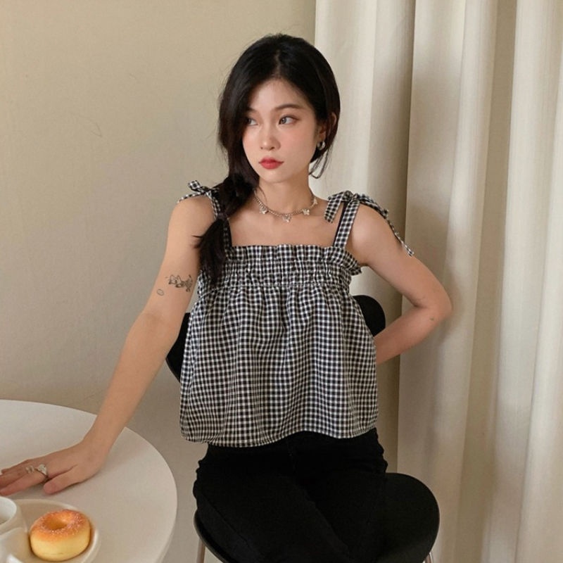 Áo Hai Dây Dáng Rộng Kẻ Sọc Caro Phong Cách Hàn Quốc Thời Trang Mùa Hè Hàng Mới 2022 Dành Cho Bạn Nữ