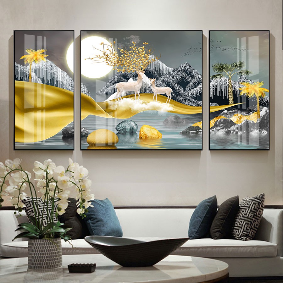Bộ 3 tranh treo tường hiện đại trừu tượng nai vàng may mắn tài lộc bóng kiếng hoặc vải canvas 4972