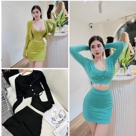Sét 3 món áo 2 dây croptop phối chân váy ngắn ôm body kèm áo khoác cài nút cực xinh , chất thun gân mềm mịn ly