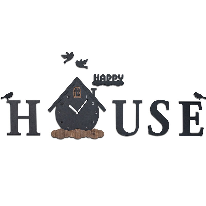 Đồng hồ treo tường gỗ cao cấp, đồng hồ trang trí decor nhà cửa hình chữ House - House wall clock
