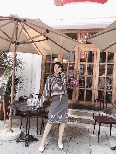 Áo Len Kẻ Mix Chân Váy