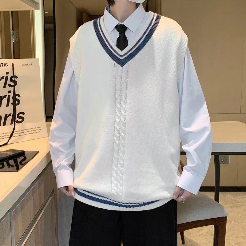 Áo gile len dệt kim cổ V màu trắng phong cách preppy thời trang mùa xuân cho nam M-2XL