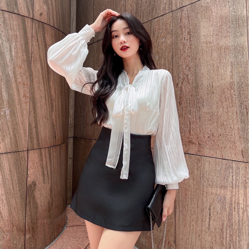 Áo Sơ Mi Nữ Công Sở Kiểu nữ Đẹp Hàn Quốc Tay Phồng LUCETFASHION cao cấp đen trắng be Kate Shirt